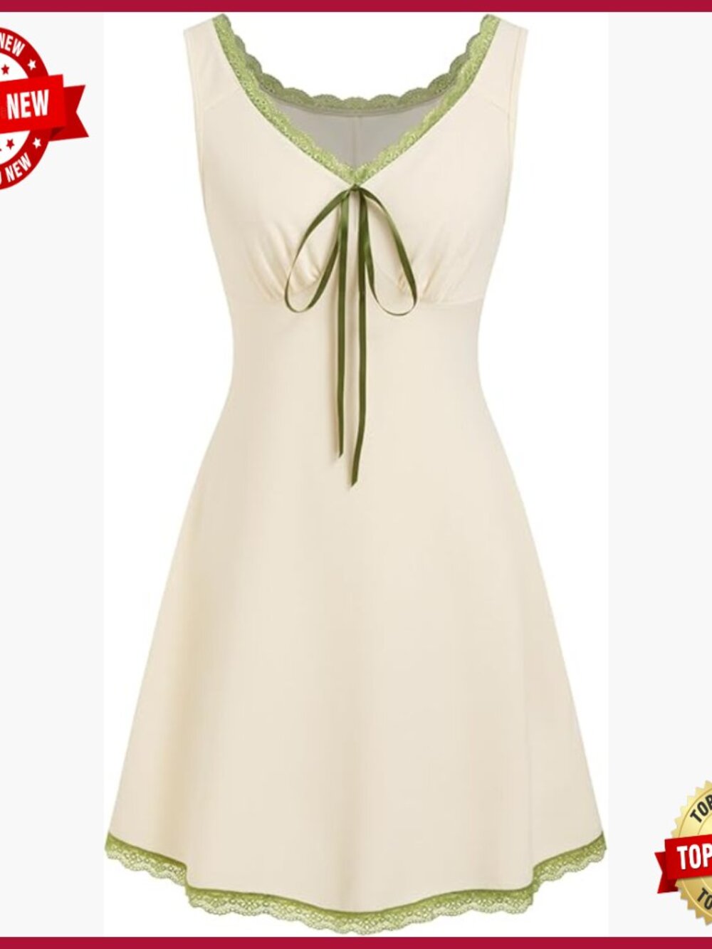 Sleeveless V-Neck A-Line Mini Dress with Lace Trim, Lightweight Summer Fabric